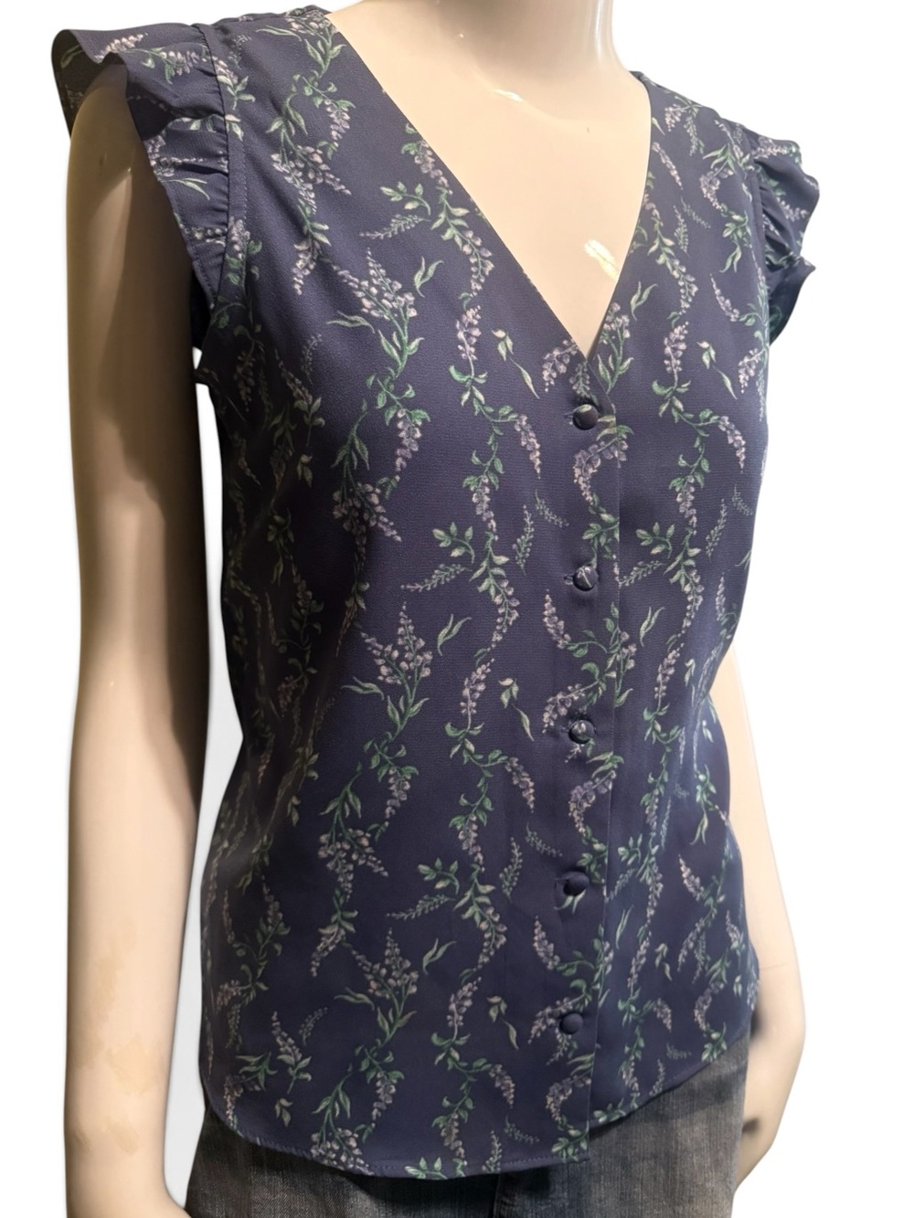 LC Lauren Conrad XS Blue Floral Flutter Sleeve V-Neck Button Front Blouse Top